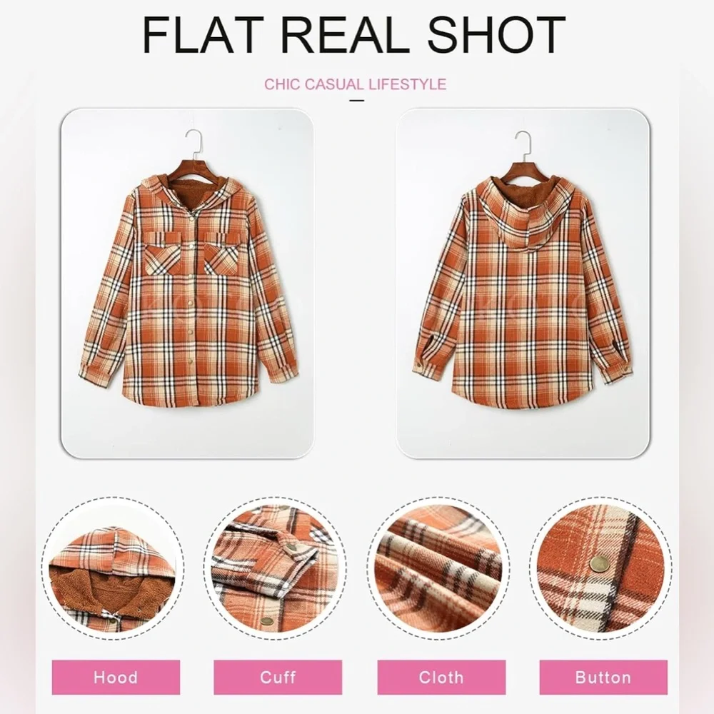Orange Plaid Sherpa-Lined Hooded Utility Jacket - Picture 2 of 11